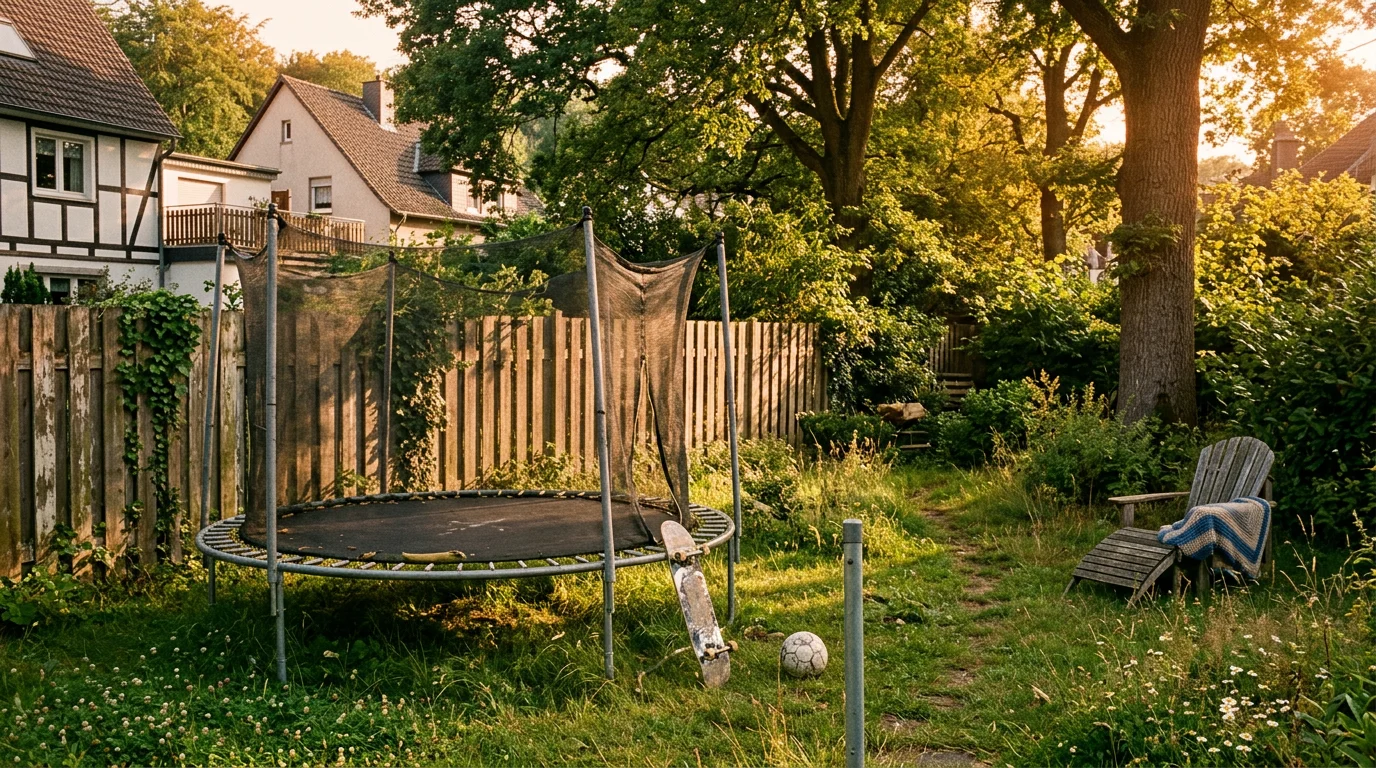 Garten am späten Nachmittag mit Spielsachen und Trampolin