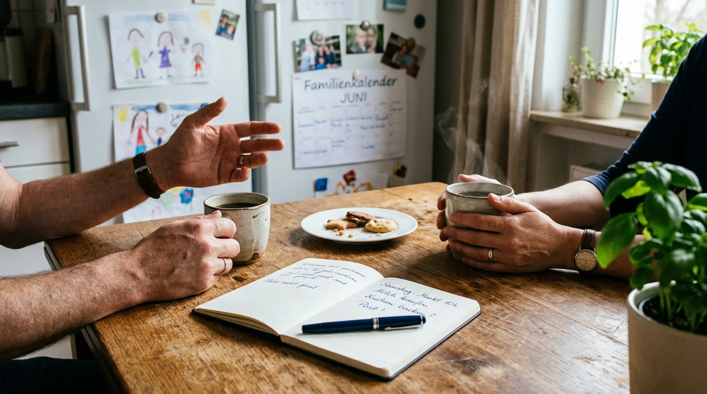 Vertrauliches Gespräch am Küchentisch in einem Familienzuhause