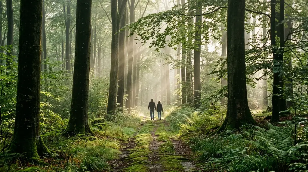 Zwei Menschen unterwegs auf einem Waldpfad im Bergischen Land